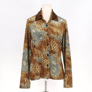 SNO SKINS Leopard Floral Velvet Y2K Button Front Blouse Size M